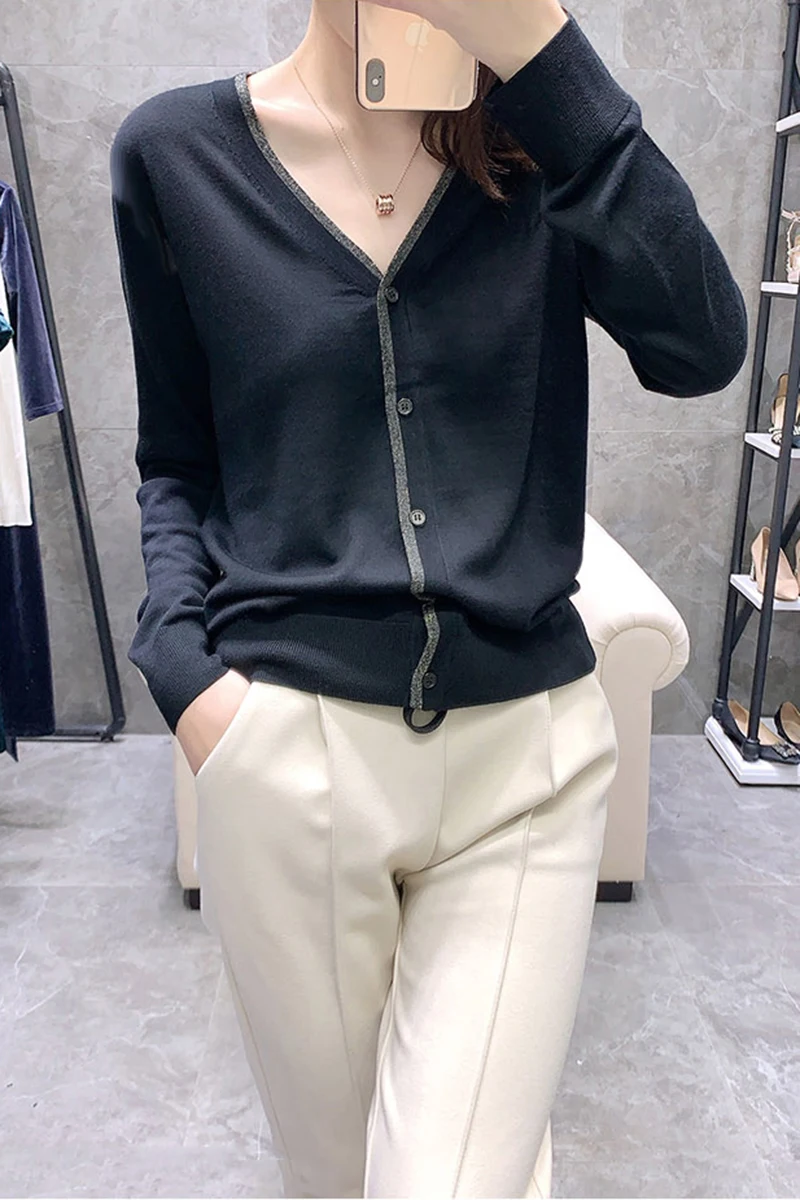 여성용 V넥 캐시미어 가디건, 얇은 여성 루즈핏 울 가디건, 다기능 배색 상의, 봄 및 가을 패션