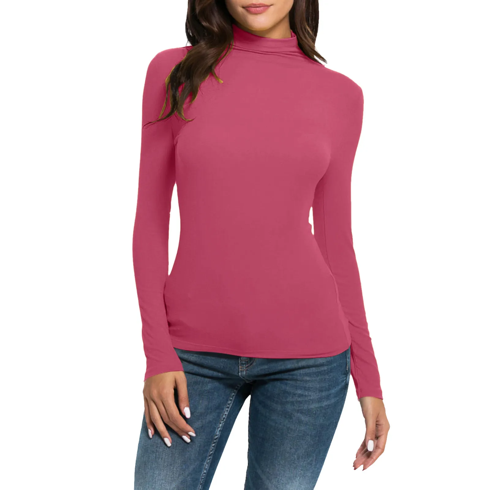 Women Casual Solid Long Sleeve Mock Turtleneck Blouse Tops Slim Fit