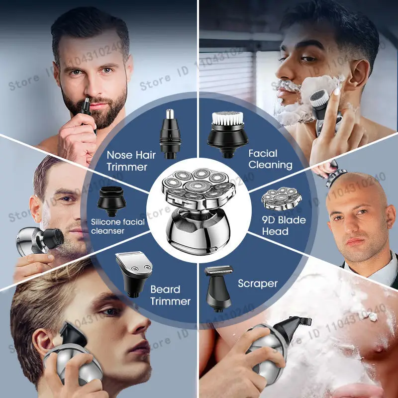 대머리 남성용 헤드 쉐이버 9D 방수 무선 습식 및 건식 전기 면도기 회전식 블레이드 충전식 그루밍 키트 얼굴 털 제거