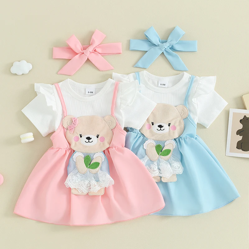 

Летние комплекты из 3 предметов для маленьких девочек, комбинезон с коротким рукавом и юбка на подтяжках с вышивкой медведя, повязка на голову, комплект детской одежды