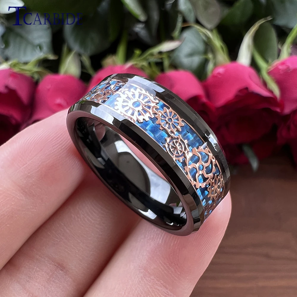 6MM 8MM Black Tungsten Wedding Band For Men Women Cool Mechanical Gear Wheel Inlay Fashion Gift Jewelry Comfort Fit