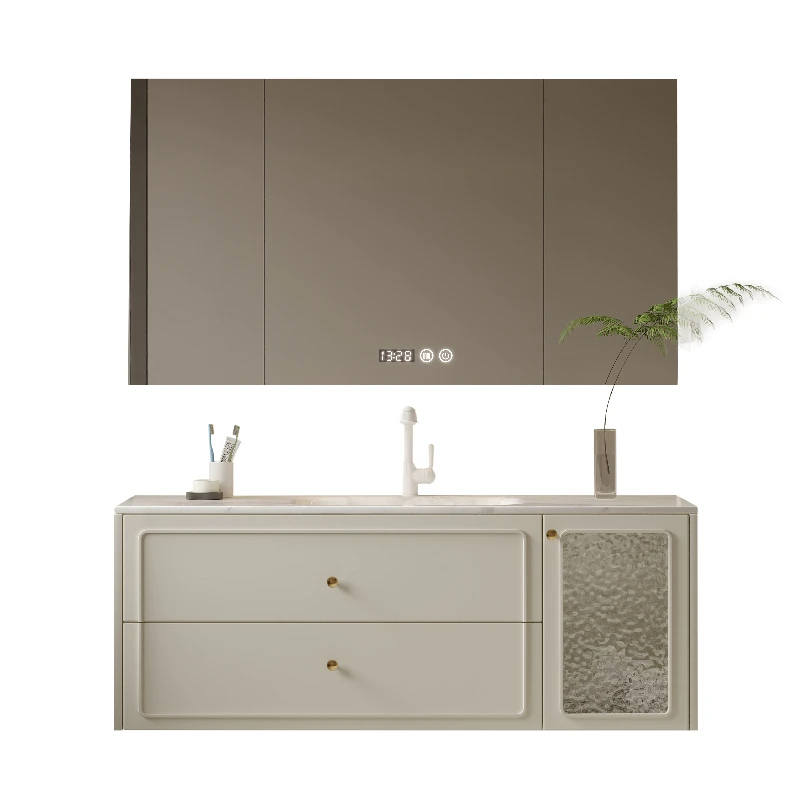 *French cream wind bathroom cabinet combination rock slab hot bending integrated basin oak washstand