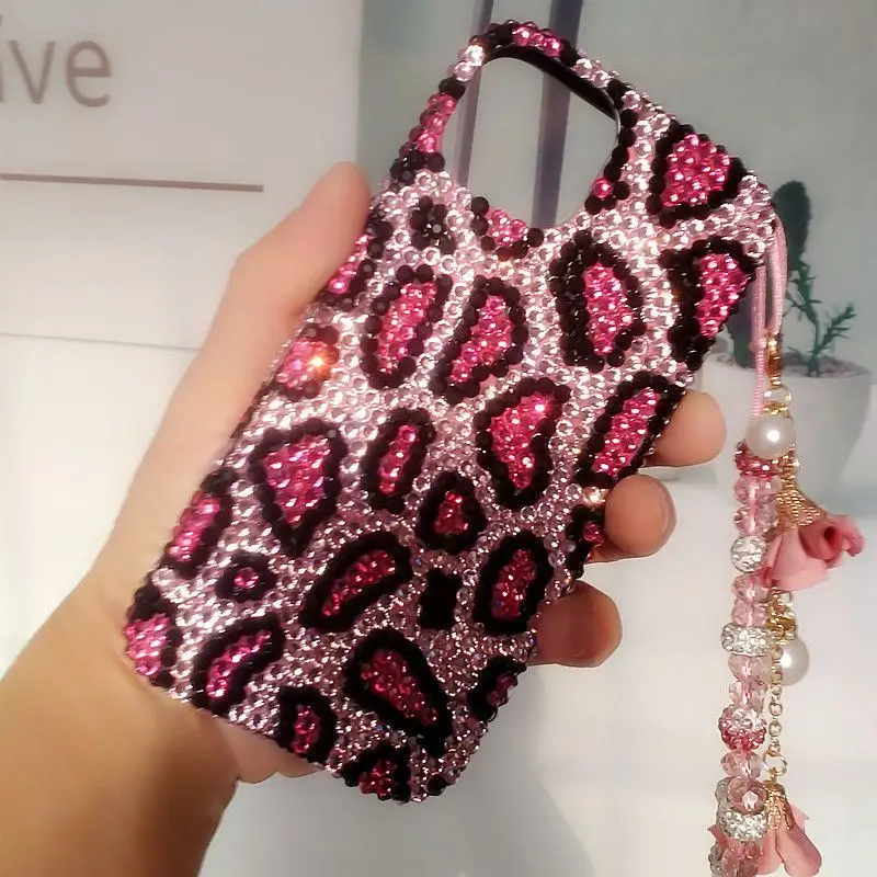 Rose Red Leopard Print Rhinestone with Crystal Hanging Chain Phone Case for Samsung Galaxy S24 S24Plus S23 S20FE S20 S20Plus