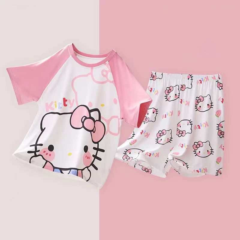 

Kawaii Sanrioed Summer thin childrens short sleeved pajamas HelloKittyed Kuromi Cinnamoroll Cute cartoon girl home clothing