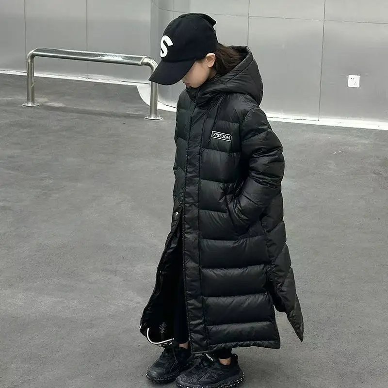 어린이용 다운 재킷 겨울 2025 신상 남녀 공용 서양식 두꺼운 롱 오버 니 겨울 학생용 블랙 코트 100-170cm