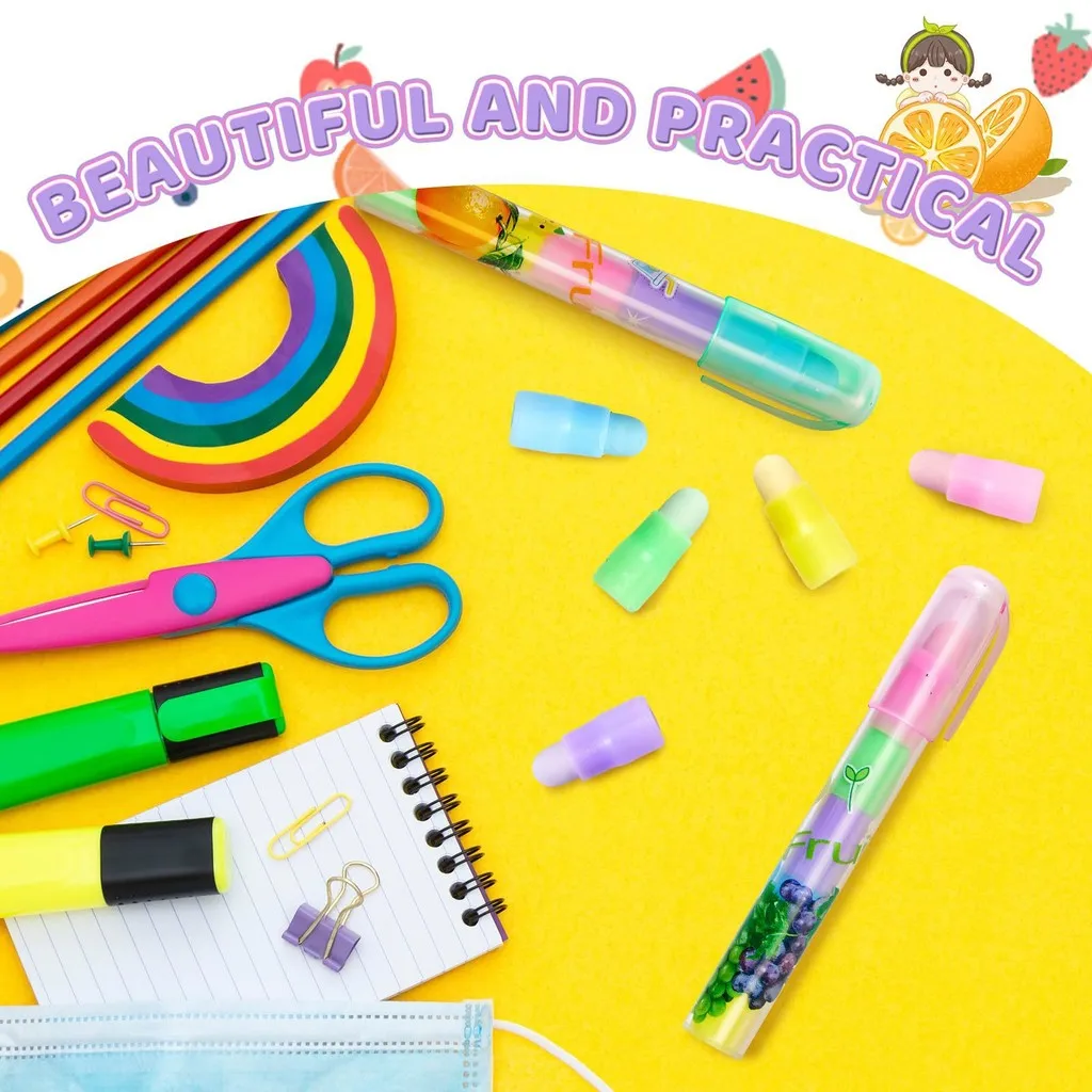 Pencil Eraser 1PCS Creative Fruit Multi Color Replacement Head Eraser 5-Section Bullet Head Pen Type Detachable