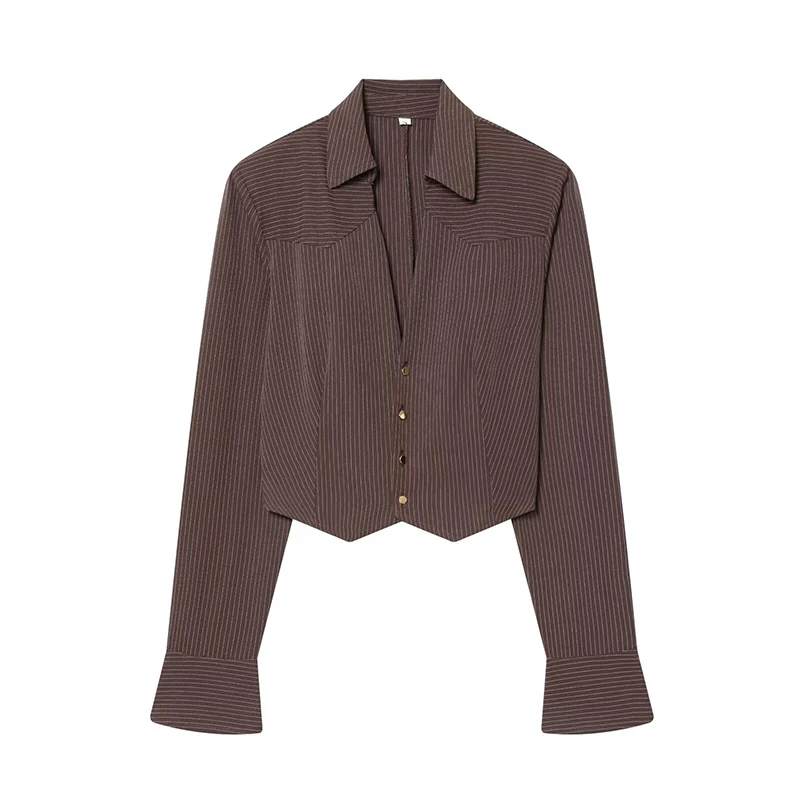 Chic Fashion Stripe Cropped Shirts for Women 2026 New Long Sleeve Shoulder Pad Women's Casual Shirt And Blouse Woman Tops