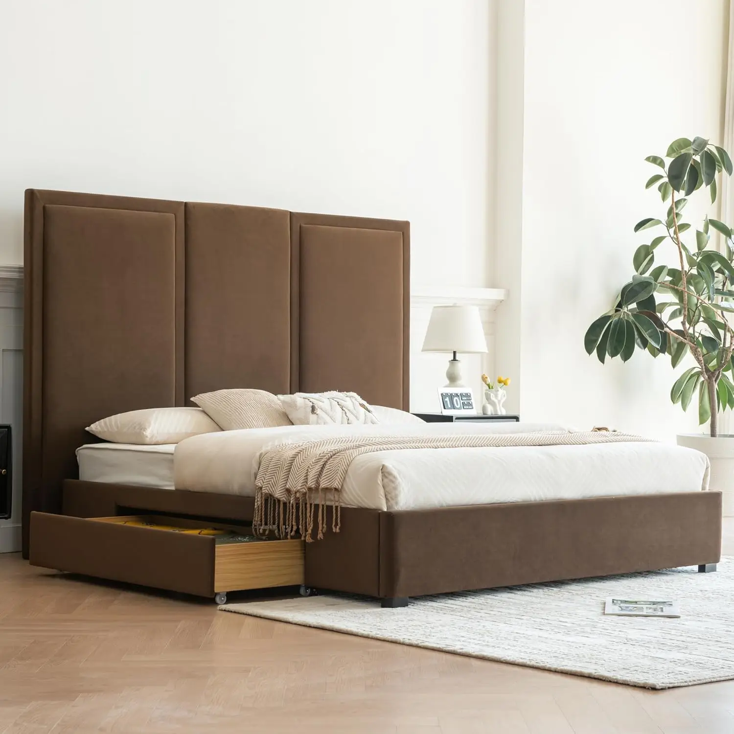 King Size Bed Frame with 64-inch High Headboard, Simple and Airy Linen Upholstered Platform Bed with Storage, Customized King Size Bed Frame with 64-inch High Headboard, Simple and Airy Linen Upholstered Platform Bed with Storage, Customized