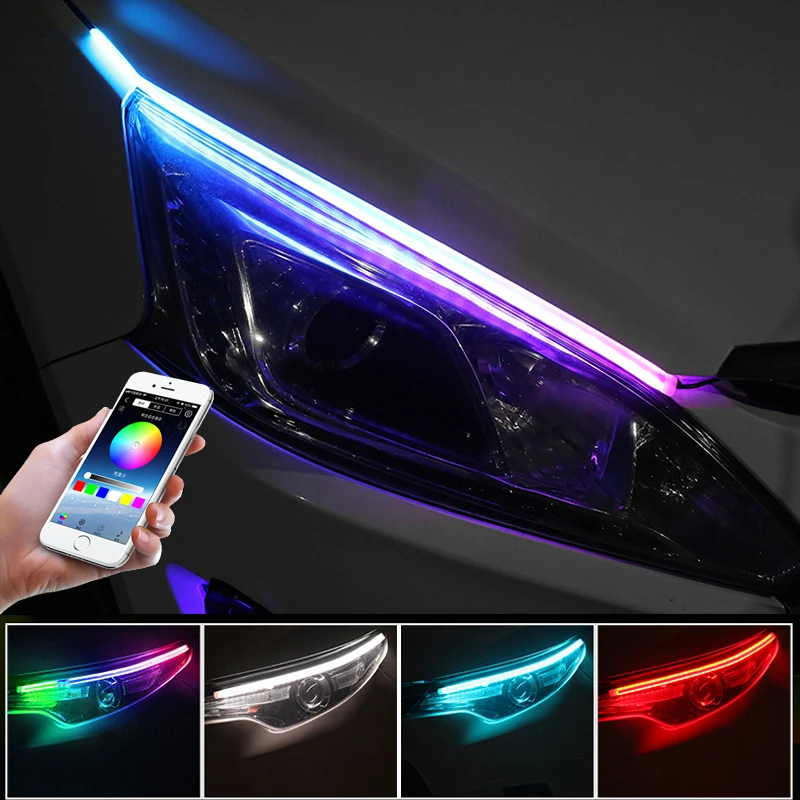 

Car Sequential Flowing RGB Daytime Running Light DRL Remote/APP Multi Color LED Strip Turn Signal Lights For Headlight