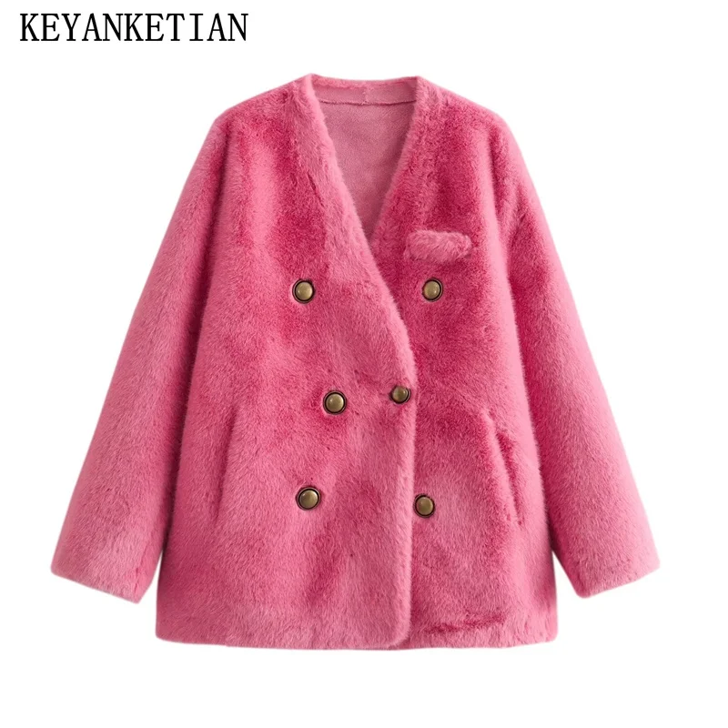 

KEYANKETIAN зимняя новая имитация норки замша двухсторонняя меховая короткая шуба женская Корейская двубортная Свободная верхняя одежда из искусственного меха