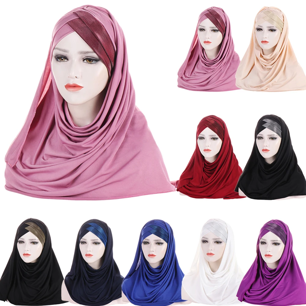 

Women Muslim Cross Underscarf Cap Instant Scarf Glitter Hijab Turban Islamic Long Headscarf Wrap Hat One Piece Amira Arab Shawls