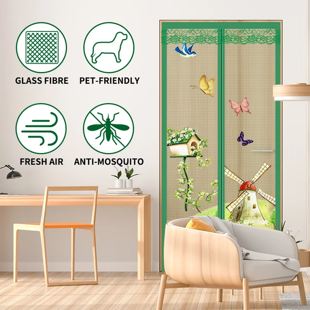 Écran de fenêtre de porte à écran magnétique, rideau de porte anti-moustique mains libres rétractable, écran de porte décoratif de style rustique vert 2