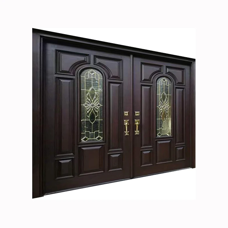 American Wooden Entrance Style Models Mahogany  Double Solid Wood Main Entrance Exterior Entry Front Doors 4