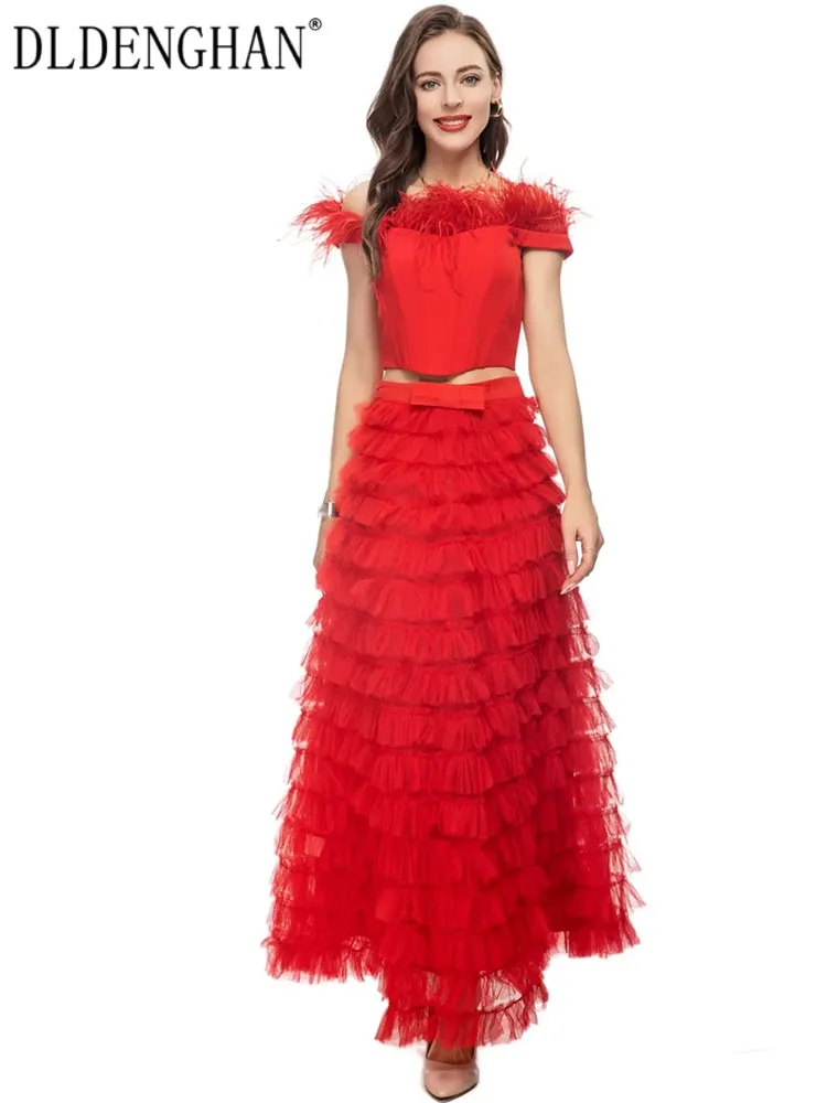 

DLDENGHAN Spring Summer Suit Women Feathers Patchwork Short Tops + Cascading Flounces Mesh Skirt Red Two Pieces Set Runway New