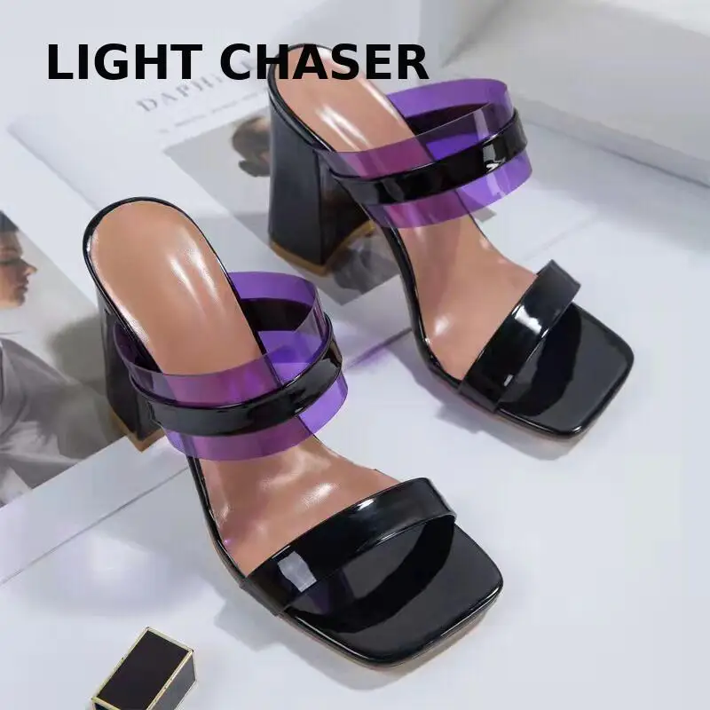 Women's Summer Sexy Large Size High-heeled Sandals And Slippers Solid Color One-line Comfortable Square Head Stiletto Sandals