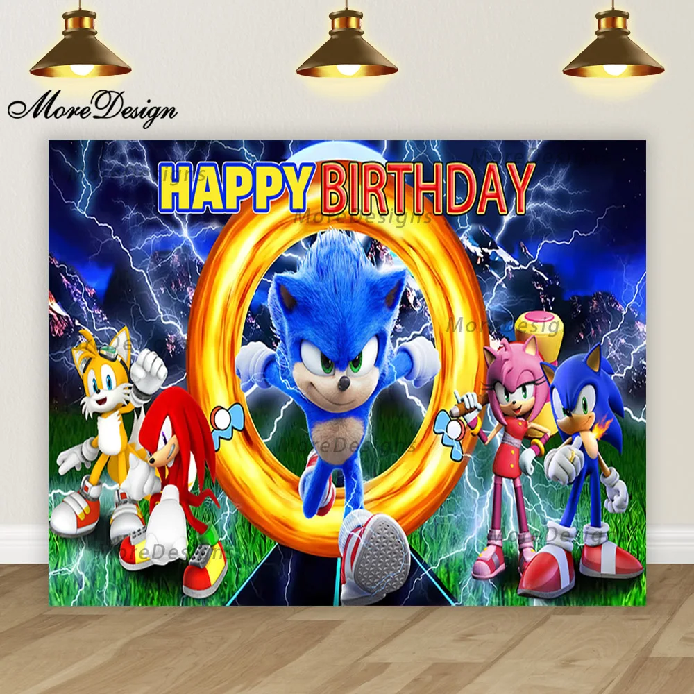 thumbnail image 1 of Fondo de fotografía con iluminación de Sonic Hedgehog, pancarta de cumpleaños para niños, decoración para fiesta de baby shower, fondo de vinilo de poliéster con dibujos animados, 1 of 5