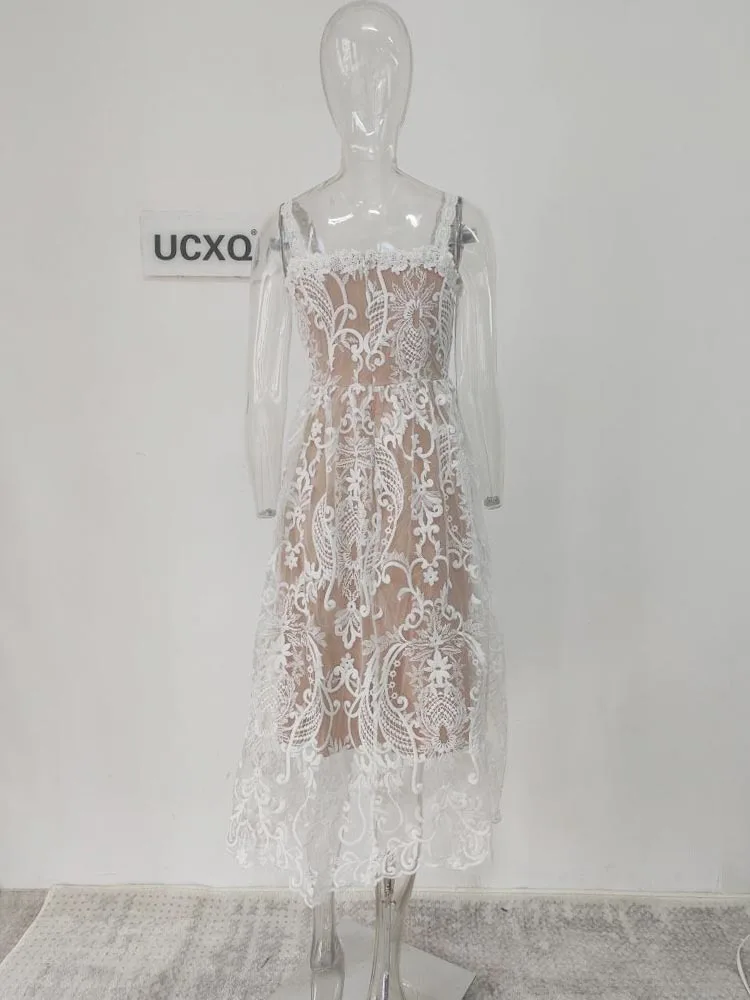 Square Neck Lace Embroidery Elegant Long Dress Fairycore Waist Sleeveless Camisole Dresses Women 2025 Spring Summer 23A8639