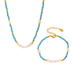 Turquoise and Freshwater Pearl Beaded Jewelry Set for Women - Handmade Necklace and Bracelet (Set)