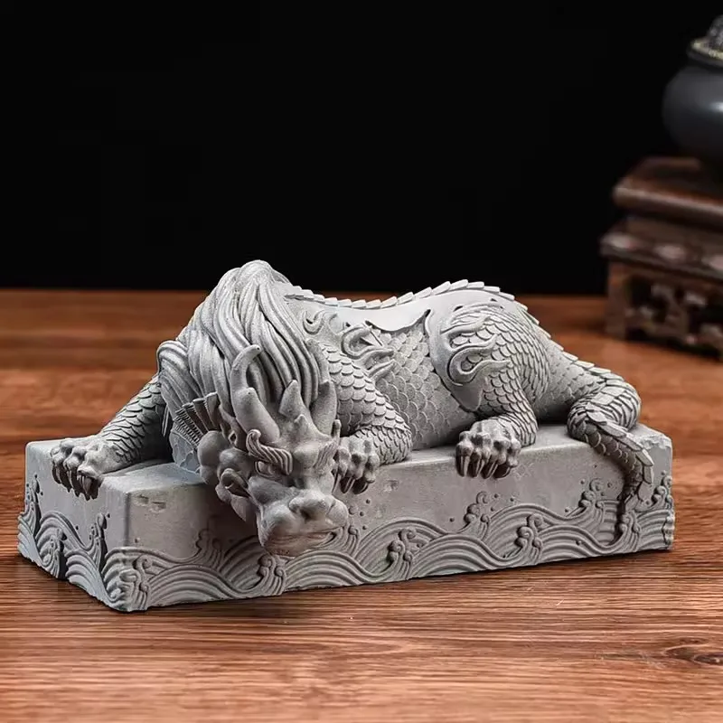 Chinese Mascot Pan Dragon Pillar Decorative Statue, Green Sand Stone Sculpture, Home Living Room and Office, Feng Shui Statue