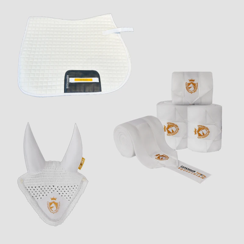 Three Equestrian Equipments For Horse Ear Cover Saddle Pad And Bandage Four Color Choice Orange Wine Red Navy And White