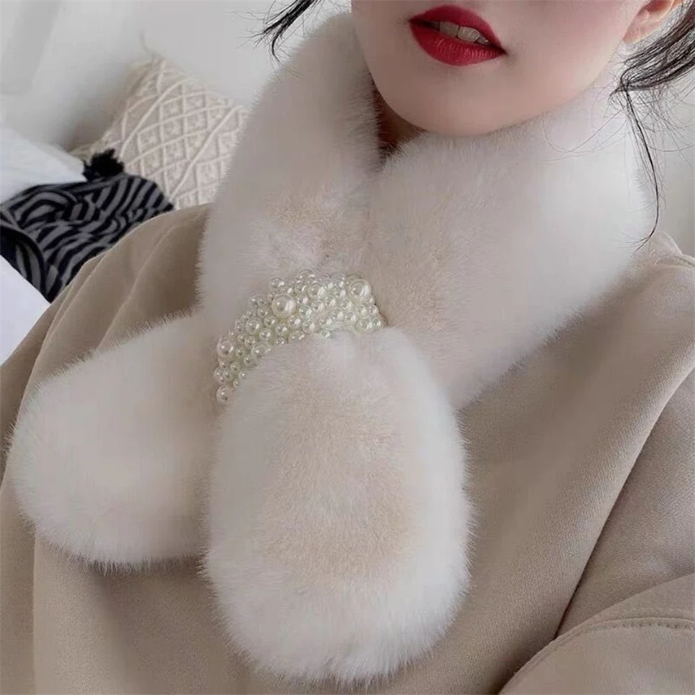 Pearl scarf winter thickened Korean cross-warming wool rabbit-like neck collar