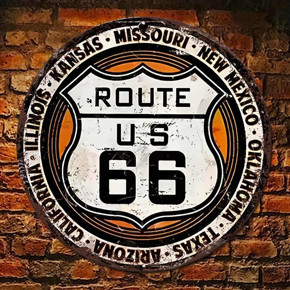 Фото Металлическая круглая вывеска в стиле ретро, дорожная вывеска Route 66 США, винтажный Настенный декор для гаража, ресторана, кафе, бара, клуба, гостиной комнаты, Настенная декоративная табличка №4
