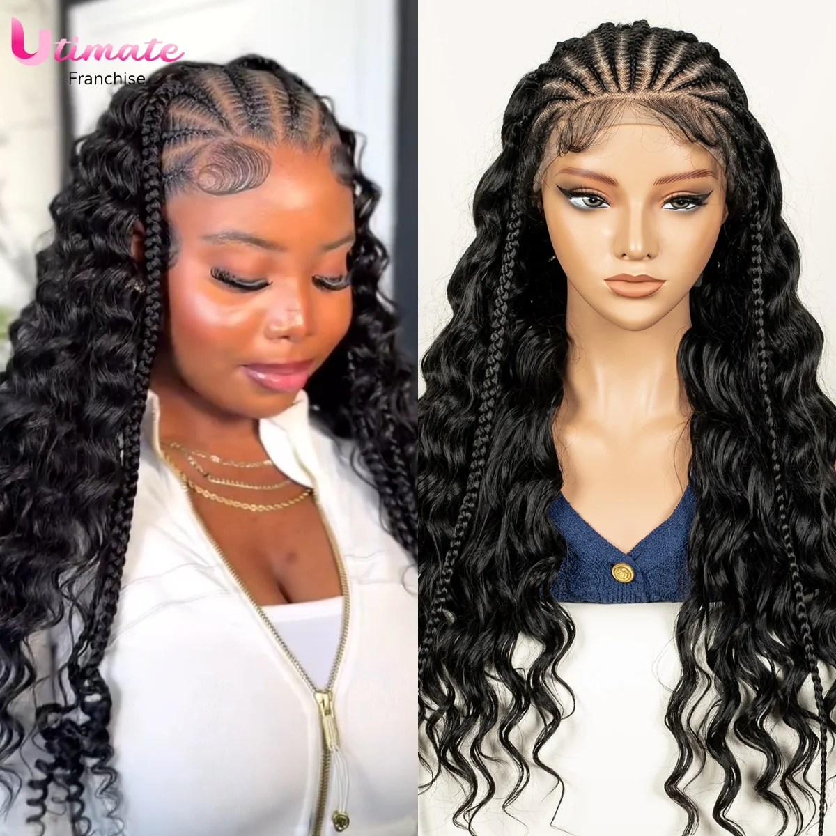 Fulani Braided Wig with Half Curly hair Synthetic 13x6 Transparent Lace Front Braided Wig Deep Wave Hair Wig for Women