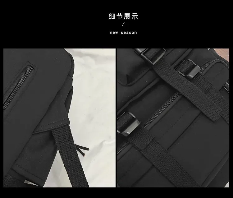 Preppy Style Black Backpack Unisex Women Men Backpack Nylon Waterproof Multi-Pocket Design Mochilas Teenagers Shoulder Bag