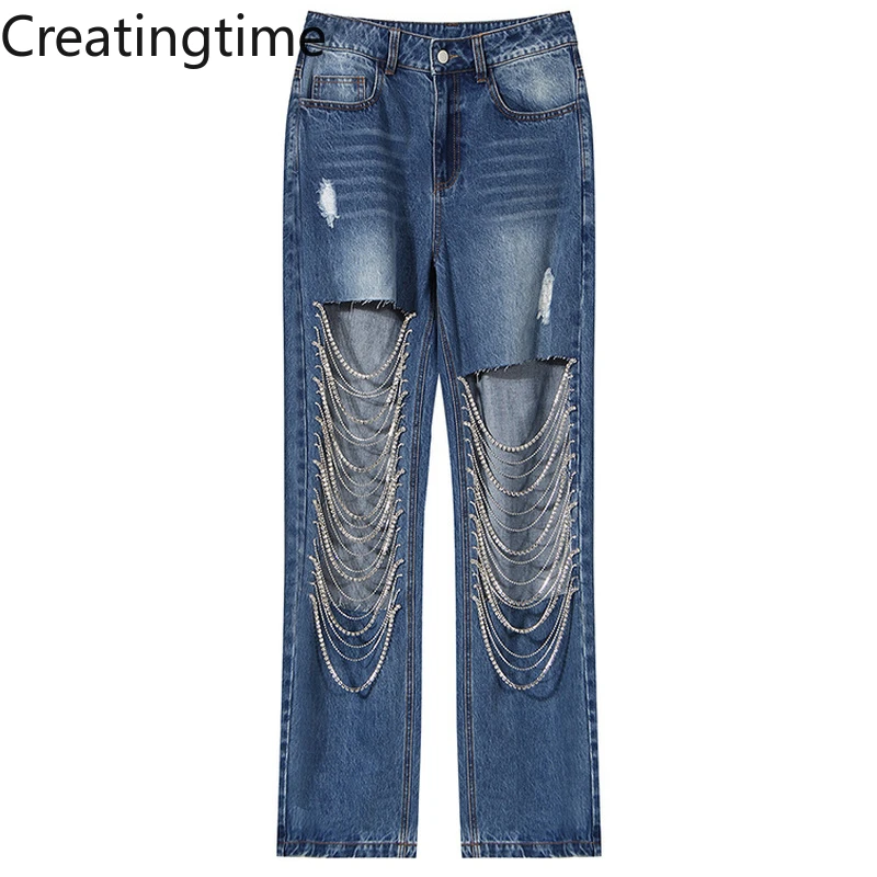 jeans Creatingtime 2022 Spring Summer New Fashion Tide Women's Hole Ripped Diamonds Chain Decoration Washed High Waist Jeans GA608 amiri jeans