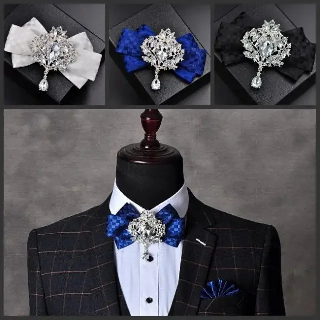 

High-end Korean British Bow Tie Men's Business Banquet Wedding Accessories Rhinestone Handmade Bowtie Pocket Towel Brooches Set