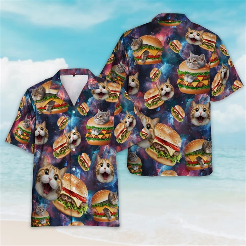 Hawaiian Burger Delicious 3D Printed Short Sleeve Shirts For Men Clothes Casual Hamburger Food Women Blouses Cute Beach Shirt 2