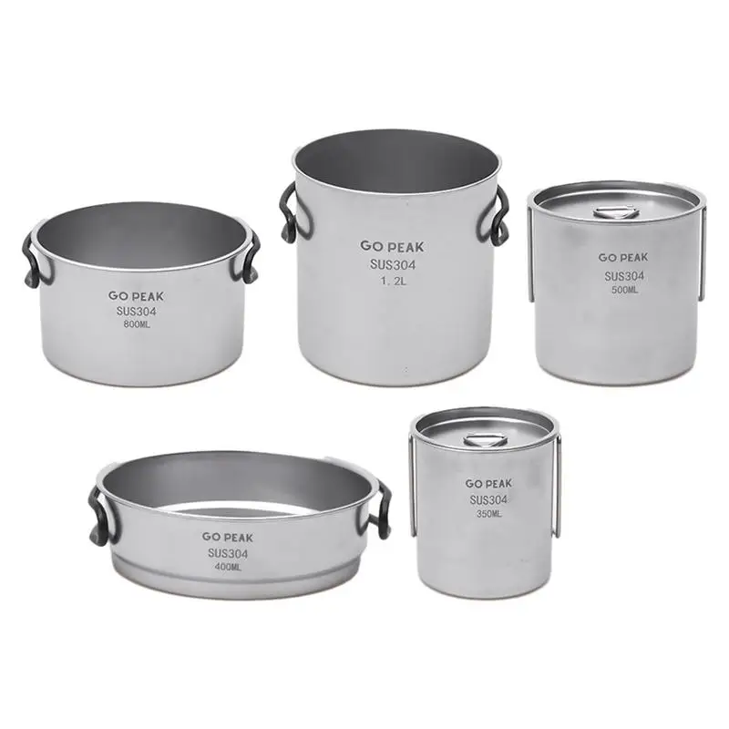 

Camping Cup And Pot 5 Pieces Stainless Steel Camp Pots Fire Cooking Kit Food Grade Camping Tableware With Folding Handle For