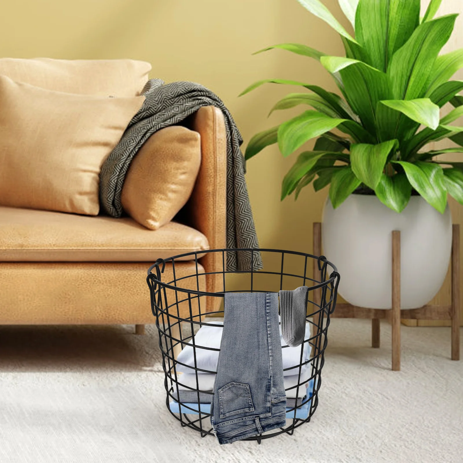 

Round Wire Laundry Basket Large Metal Clothes Hamper Handle Iron Wire Utility Storage Container Farmhouse Organizer Bin