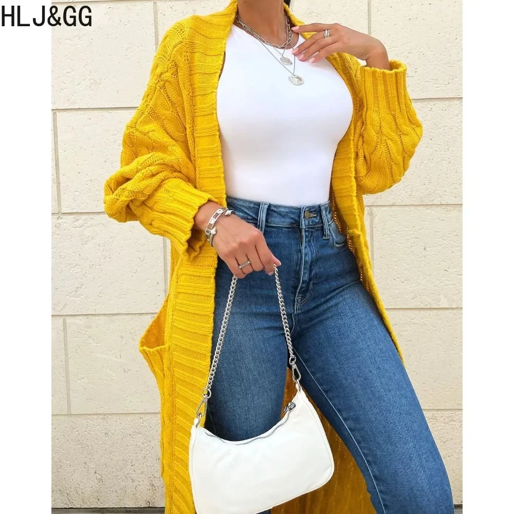 

HLJ&GG Winter Casual Solid Knitted Sweater Coats Women Round Neck Long Sleeve Thick Loose Cardigan Fashion Female Pocket Tops