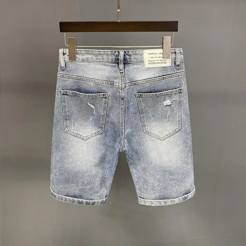 Summer Fashion Men Shorts Knee Length Casual Jeans for Summer Korean Style Straight Distressed Designer Ripped Holes Short Jeans