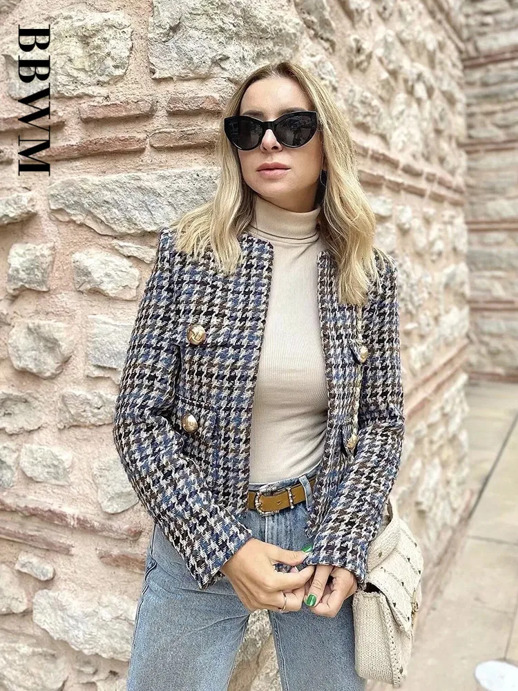 Spring 2022 Women Houndstooth Jacket Coat Long Sleeve Single Breasted