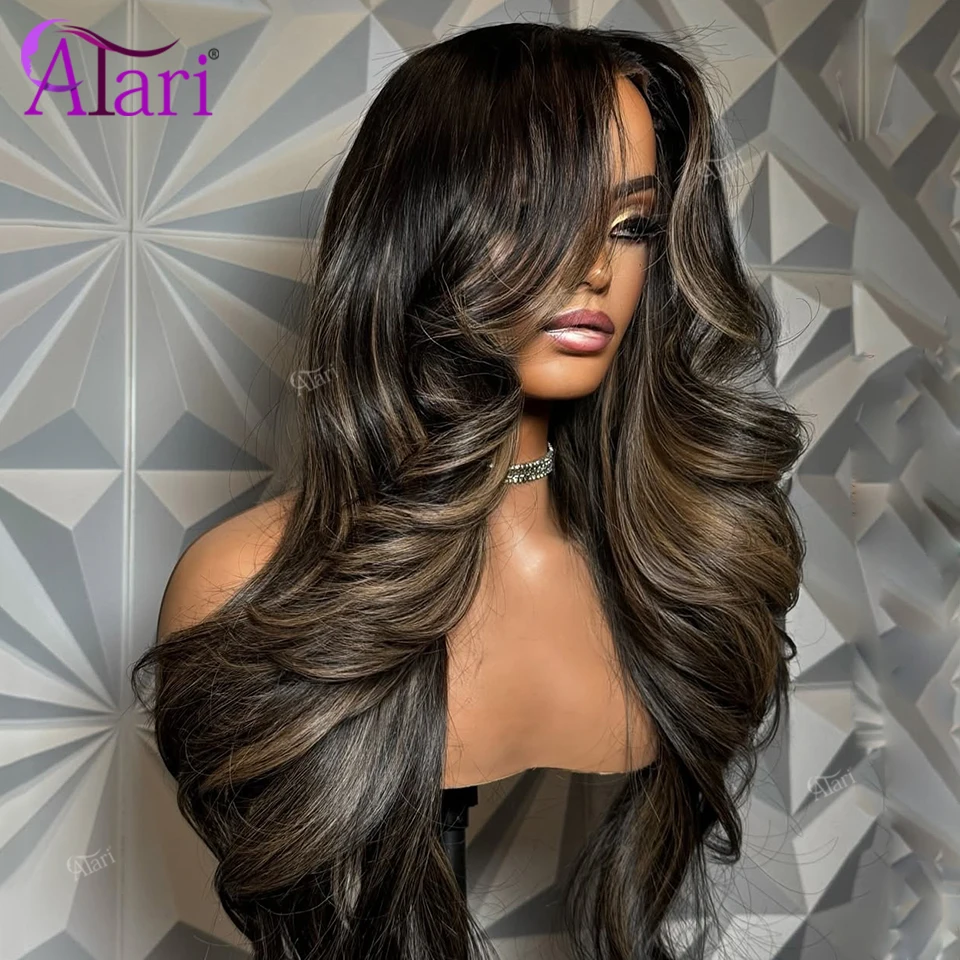 Black with Ash Brown Transparent 13x4 13x6 Lace Frontal Body Wave Human Hair Wigs Highlights 27 5x5 Closure Lace Wig Pre Plucked 2