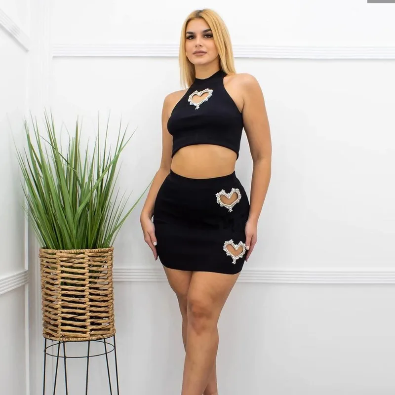 Love Rhinestone Hollow Casual Women Two Piece Set 2023 Summer Fashion Crop Tanks Tops Short Skirt  Party Club Sexy Streetwear women metallic shiny tanks cami bodycon skirt sleeveless crop top mini skirt summer outfits nightclub carnivals cheerleading set