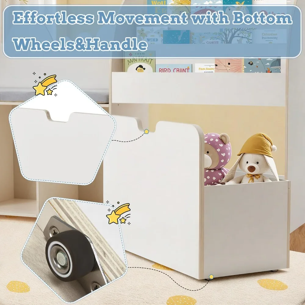 67" Kids Reading Nook with Bench, Toy Storage Organizer, 6 Cubbies & Movable Drawers, Bookshelf for Playroom Bedroom