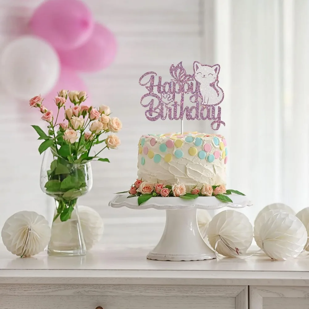 Lila funkelnde Katze alles Gute zum Geburtstag Kuchen Schmetterling Kuchen Kätzchen Haustier Thema Geburtstag Hochzeit Party Kuchen Dekoration – Detail 5