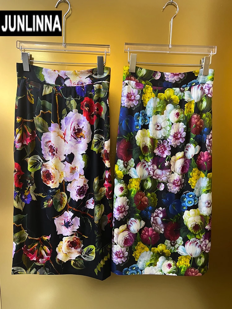 

JUNLINNA Fashion Silk Skirt Spring Summer Women Elegant high Street Half Dress Inner Leopaid Printing Party Vacation