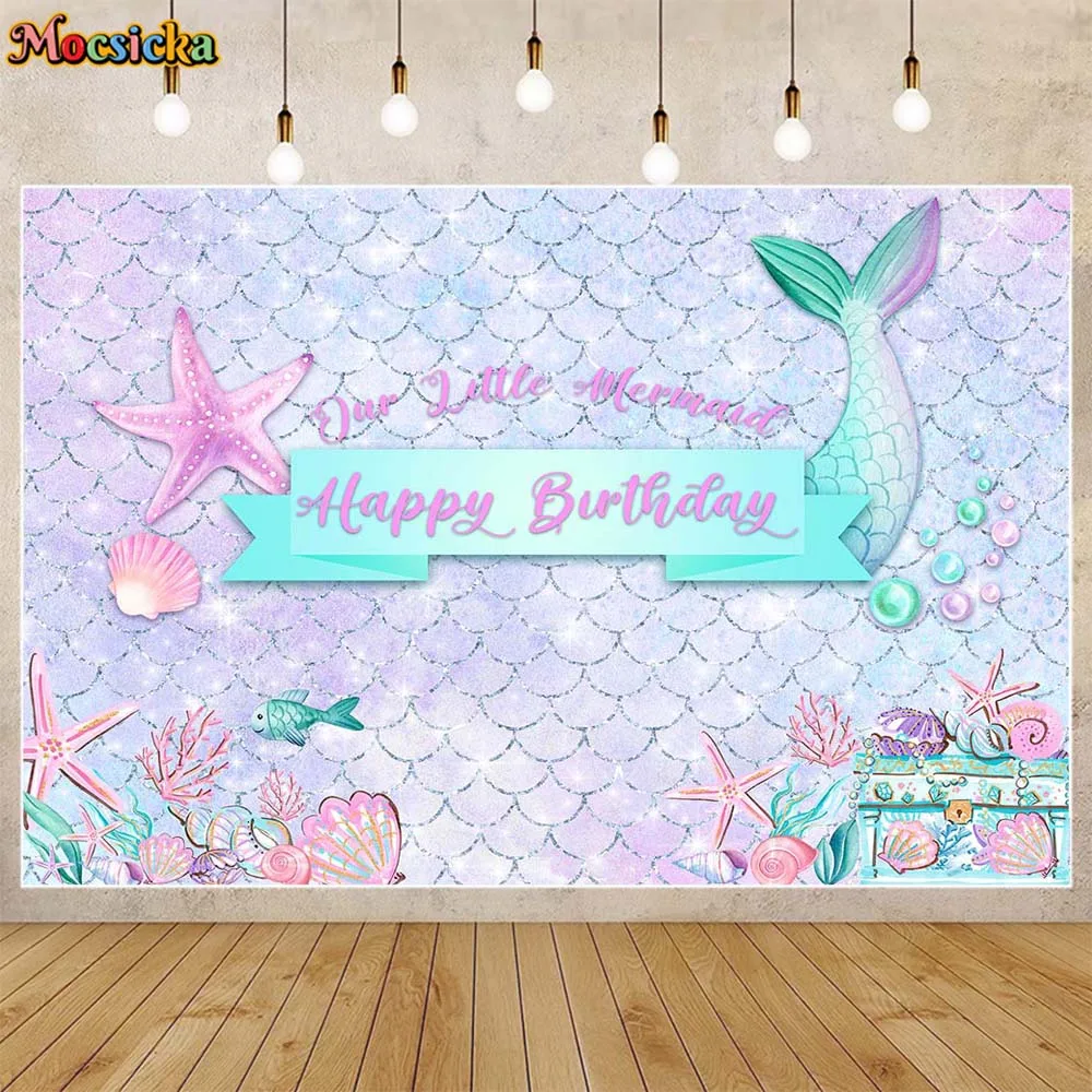 Mocicka Sirena Compleanno Sfondo Viola Scale Parete Ragazza Festa Di Compleanno Decor Foto Sfondo Nostra Sirenetta Banner Puntelli