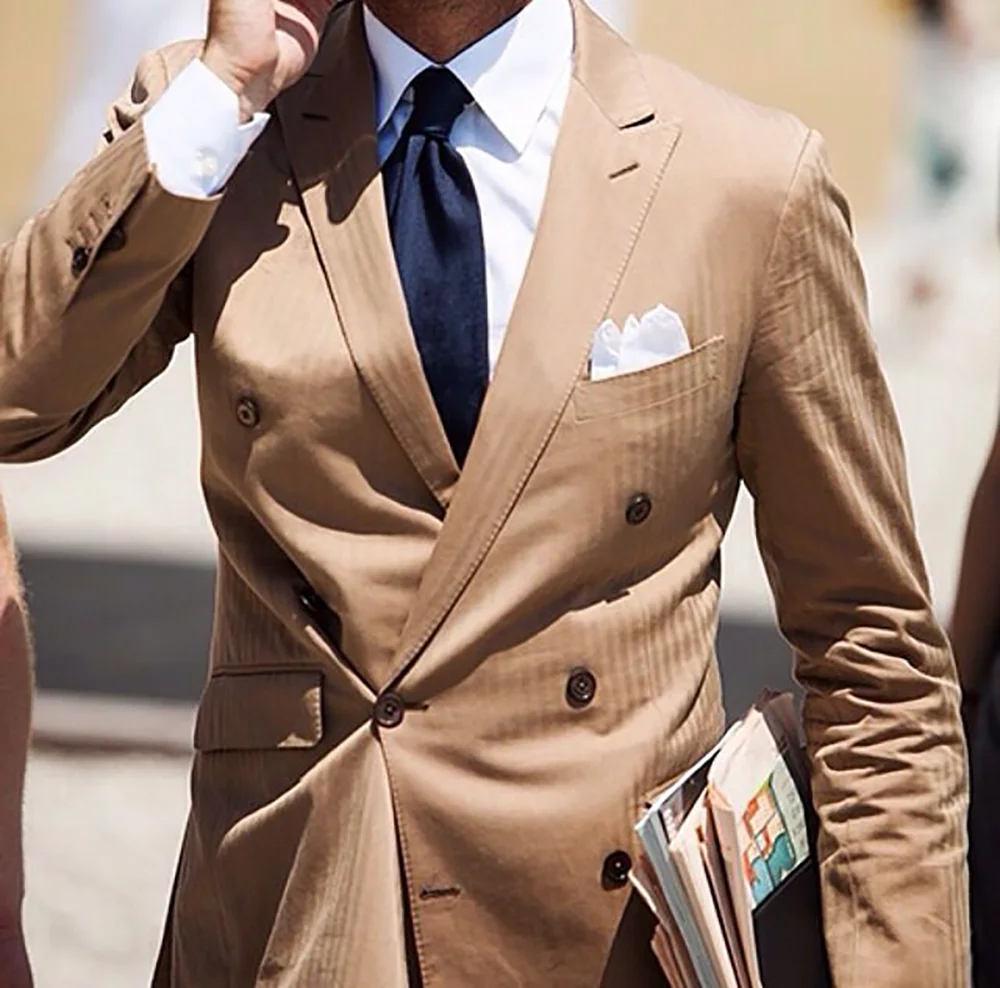 Casual Suits For Men Fashion Solid Color Pinstripe Outfits Peak Lapel 2 Piece Prom Party Wedding Groom Tuxedo