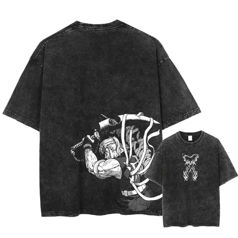 

Hot Sale Summer Fashion T-shirt Men Anime Printed Vintage Washed Tshirt Short Sleeve Tops 100% Cotton Hip Hop Streetwear