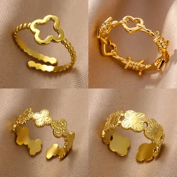 Stainless Steel Flower Rings For Women Gold Color Adjustable Opening Finger Ring Fashion Party Wedding Aesthetic Jewelry Gift