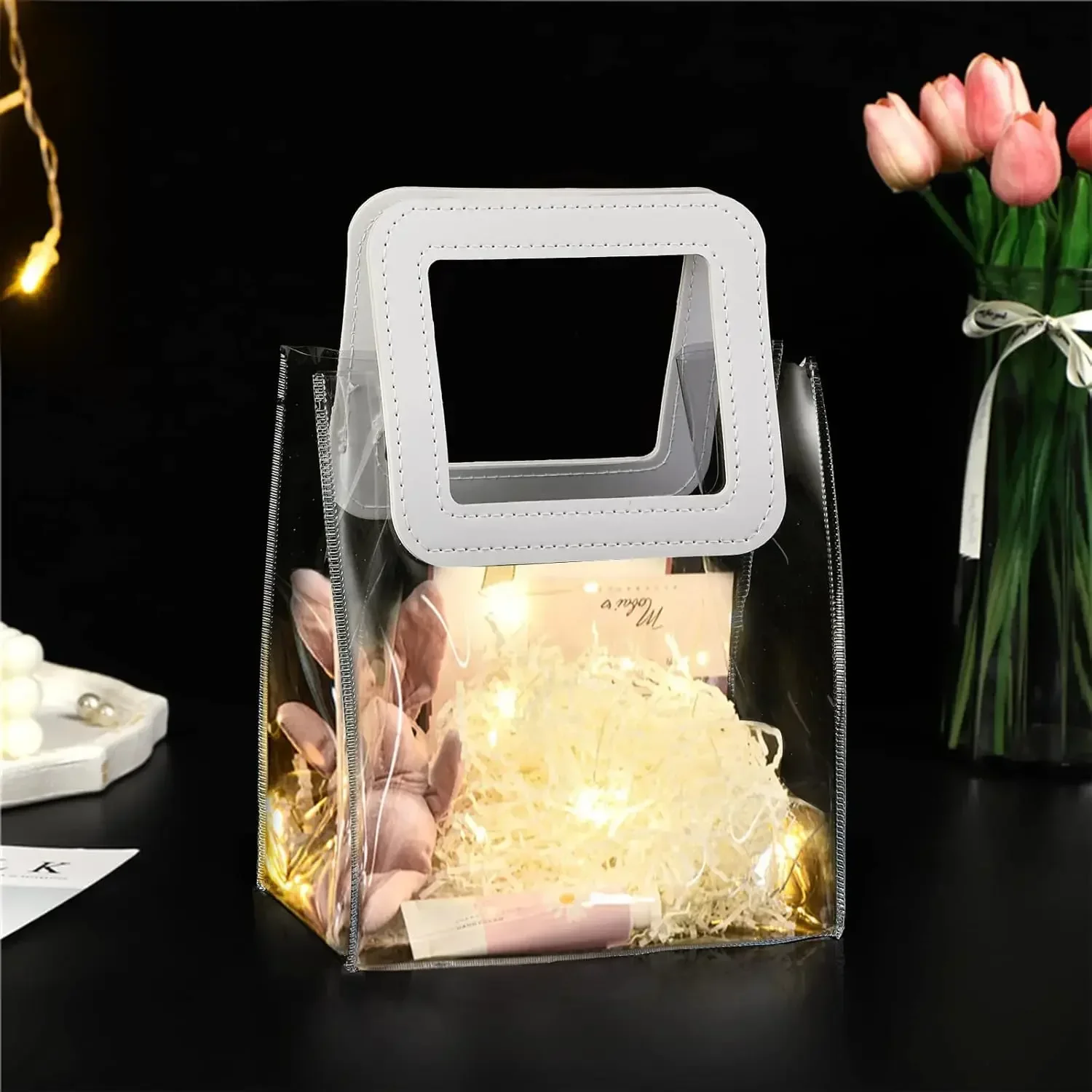 Clear Gift Bags Waterproof Gift Wrap Bags with White Leather Handles Durable Birthday for Parties Christmas and Holidays
