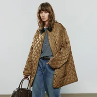 TOYOUTH femmes coton veste 2025 hiver nouveau luxe rétro diamant grille vêtements de travail grande poche mi-longue veste marron 4