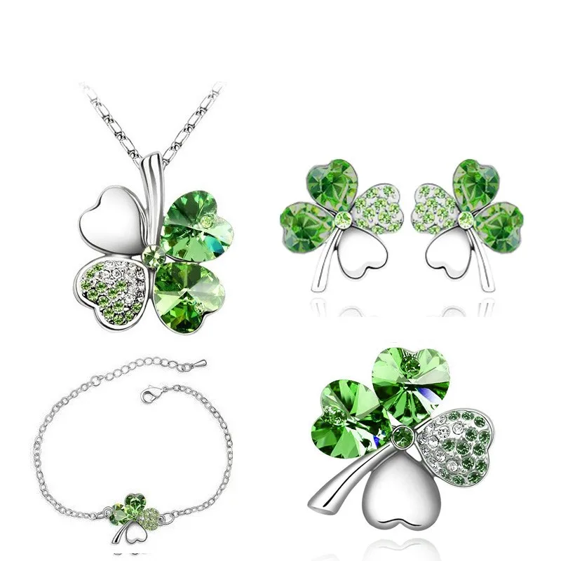Bridal Jewelry Sets Crystal Clover 4 Leaf Heart Necklace Earrings Bracelet Brooch Charm