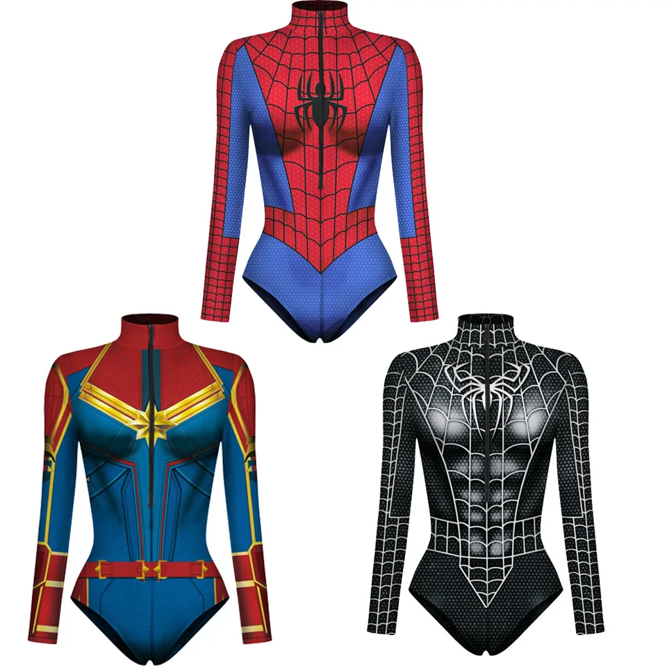 Body de Spiderman para mujeres y hombres, mono de superhéroe capitán,  estampado 3D, traje de baño de manga larga, disfraz de Carnaval de  Halloween - AliExpress, image size:960x960