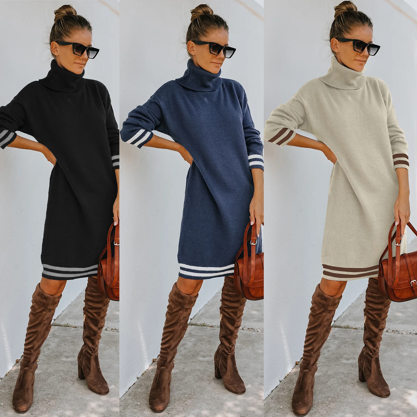 

Новое шерстяное платье, Осень-зима 2024, женское вязаное платье с длинным рукавом и высоким воротом